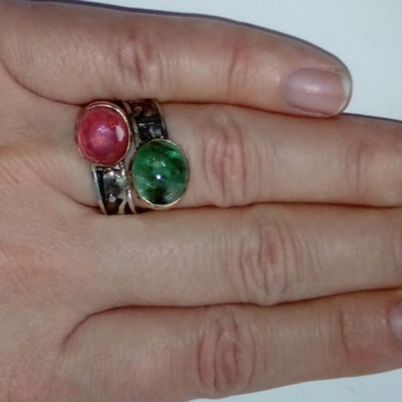 Natural Ruby Emerald In 14K Yellow Gold And Sterling Silver Bypass Ring 8.25 - Picture 6 of 10